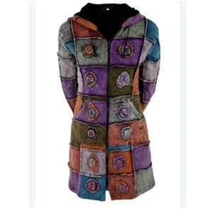Rising international made in Nepal, patchwork long hooded boho jacket sz Small